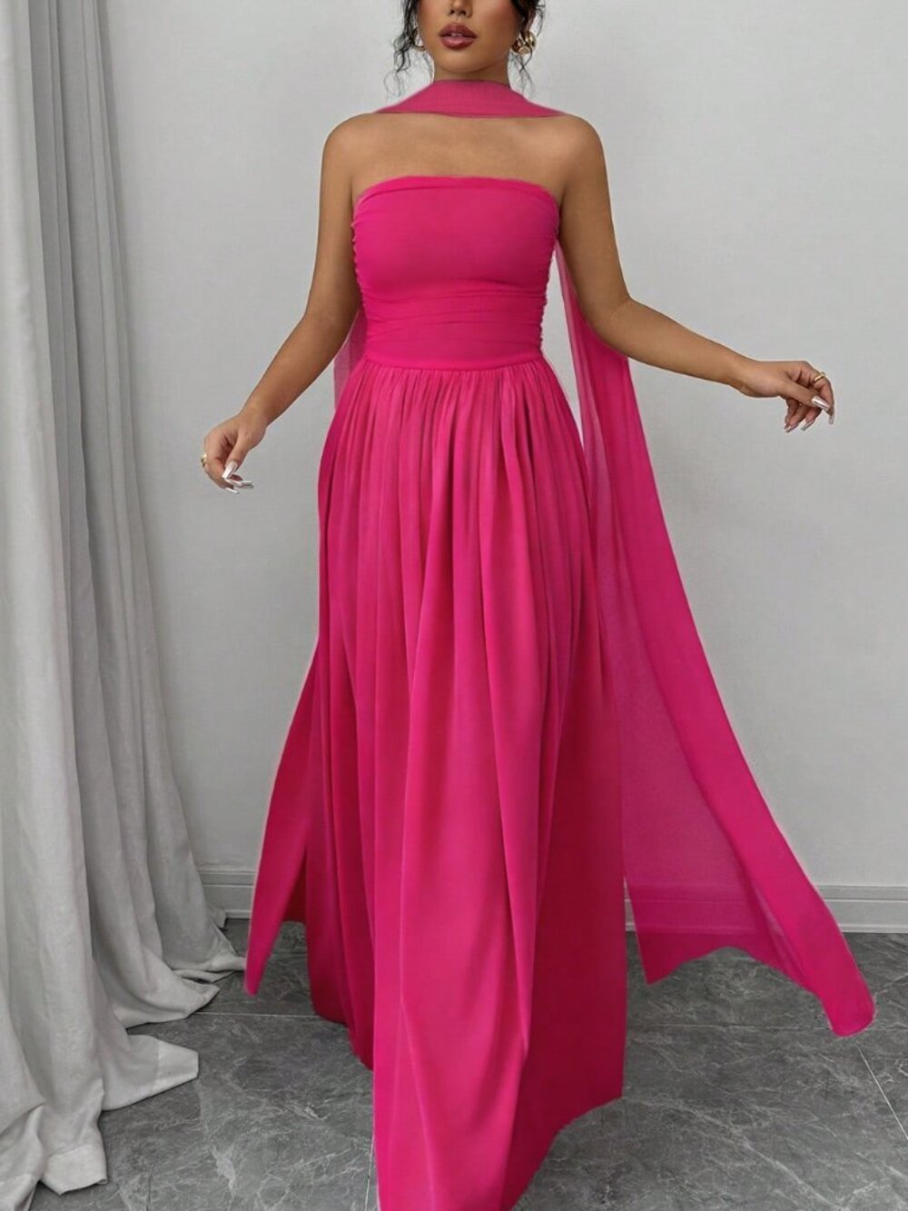 Hot Pink Elegant Women's Asymmetrical Ruched Zipper Long Dress